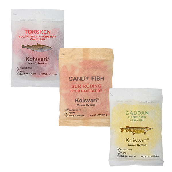 Three bags of Kolsvart candy fish