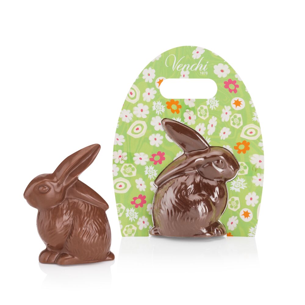 Venchi milk chocolate bunny in green murrine packaging