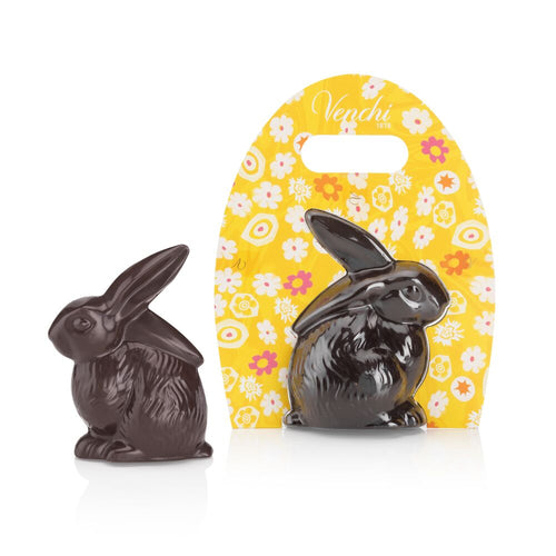 Venchi dark chocolate bunny in yellow murrine packaging