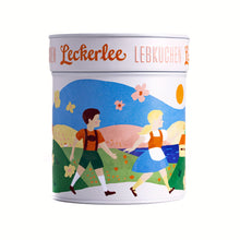 Leckerlee lebkuchen gift tin in white and blue alpine meadow design depicting children