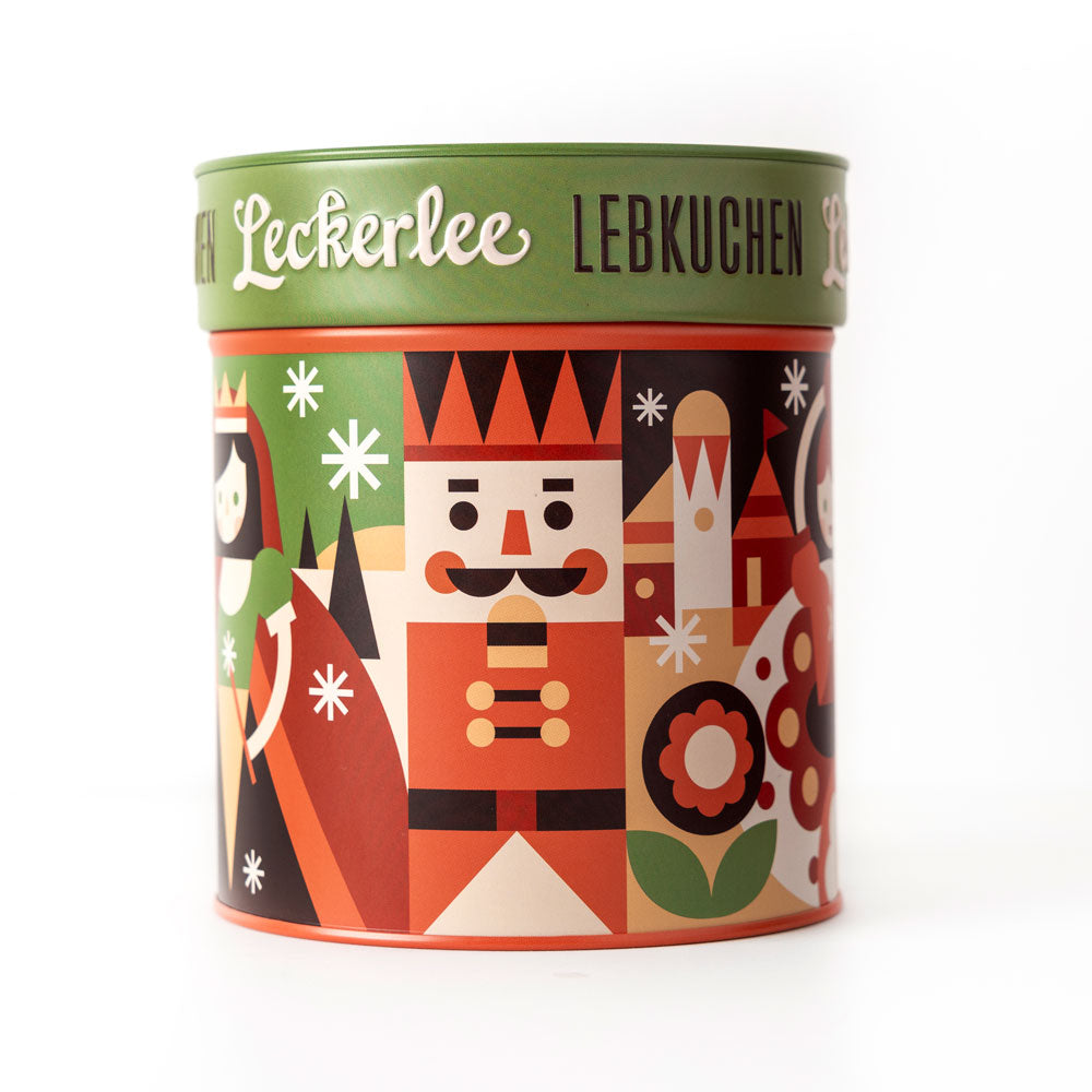 Leckerlee lebkuchen gift tin in green and orange nutcracker design