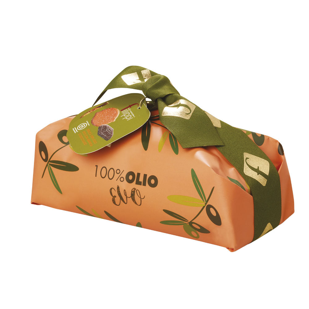 Filippi Chocolate & Orange Struca Cake wrapped in orange packaging with a green bow 