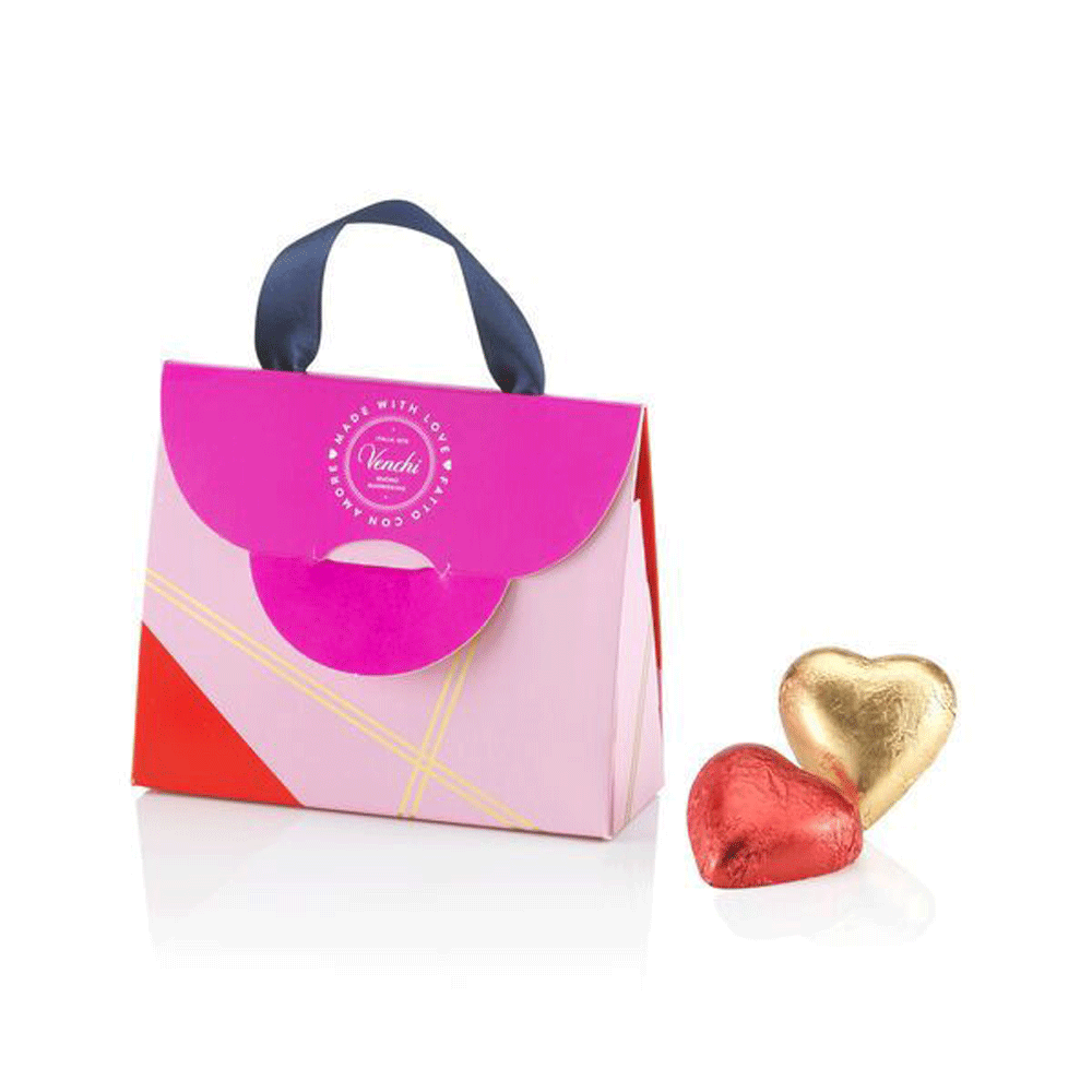 Venchi Valentine's Day purse with milk and dark chocolate hearts