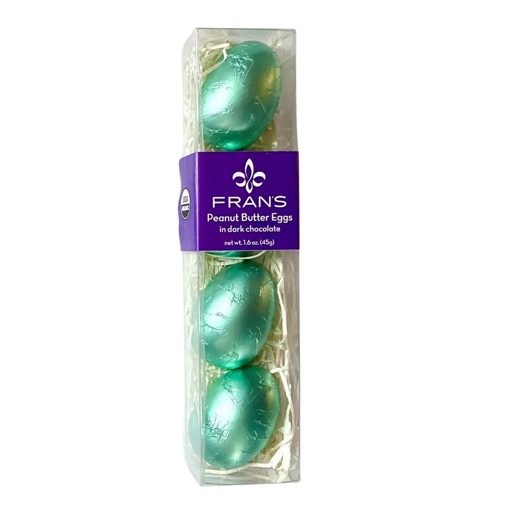 Fran' 4-piece Chocolate Peanut Butter Eggs for Easter each wrapped in turquoise foil